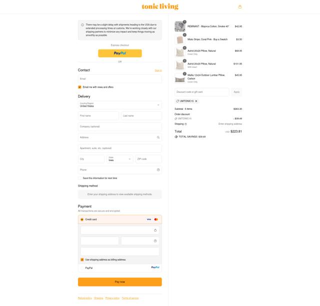 Tonic Living checkout page showing Tonic Living promo code box | Screenshot taken by SimplyCodes community member on Sep 16, 2025
