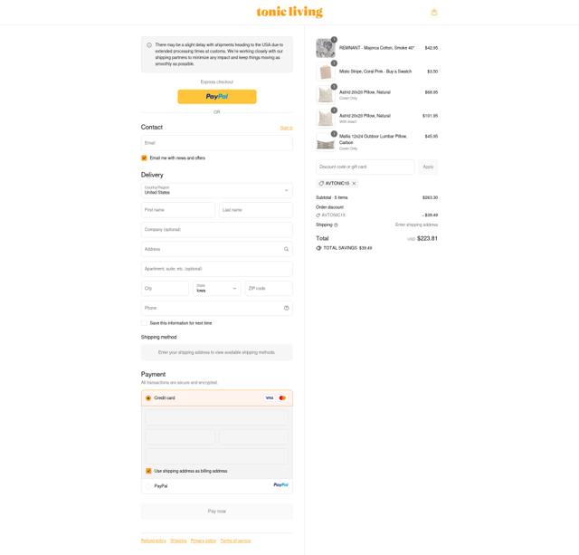 Tonic Living checkout page showing Tonic Living promo code box | Screenshot taken by SimplyCodes community member on Sep 16, 2025