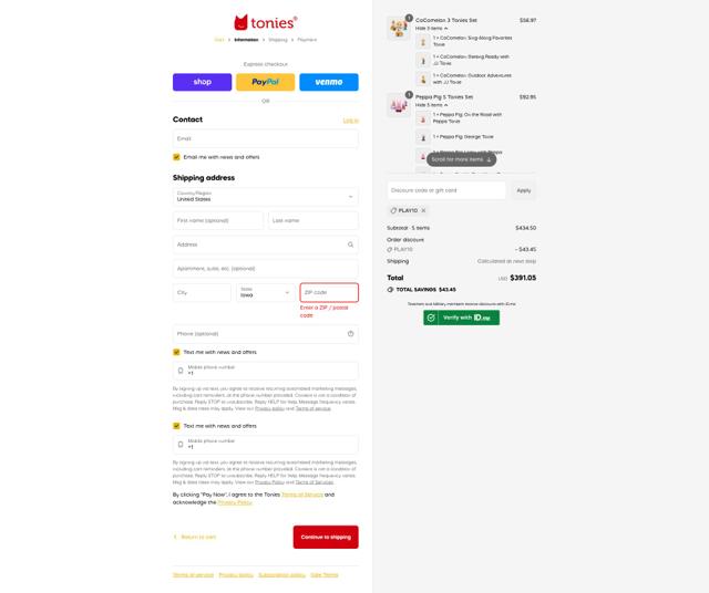 tonies US checkout page showing tonies US discount code box | Screenshot taken by SimplyCodes community member on Sep 6, 2025