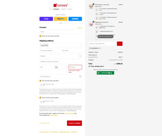 tonies US checkout page showing tonies US discount code box | Screenshot taken by SimplyCodes community member on Sep 10, 2025