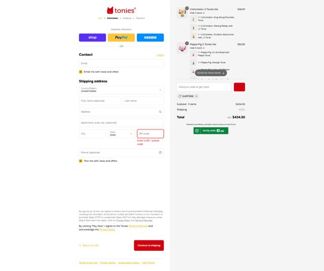 tonies US checkout page showing tonies US discount code box | Screenshot taken by SimplyCodes community member on Sep 2, 2025
