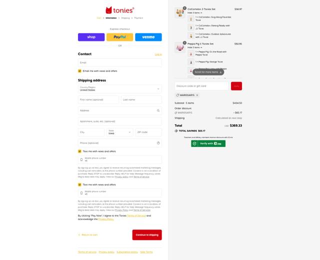 tonies US checkout page showing tonies US discount code box | Screenshot taken by SimplyCodes community member on Aug 29, 2025