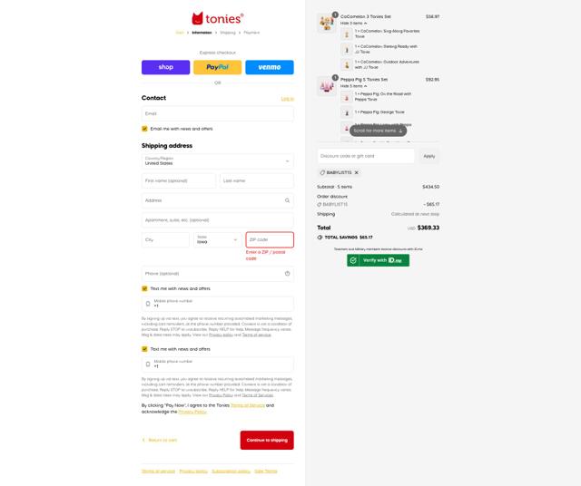 tonies US checkout page showing tonies US discount code box | Screenshot taken by SimplyCodes community member on Sep 2, 2025