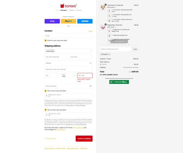 tonies US checkout page showing tonies US discount code box | Screenshot taken by SimplyCodes community member on Sep 2, 2025