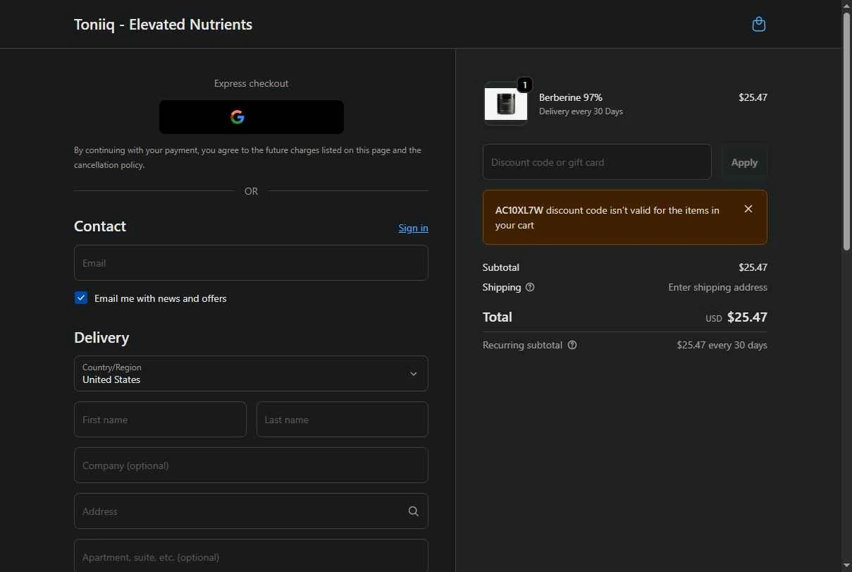 Toniiq checkout page showing Toniiq discount code box | Screenshot taken by SimplyCodes community member on Feb 11, 2026