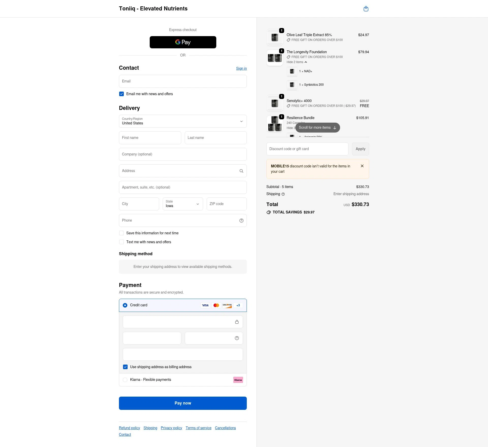 Toniiq checkout page showing Toniiq discount code box | Screenshot taken by SimplyCodes community member on Feb 7, 2026