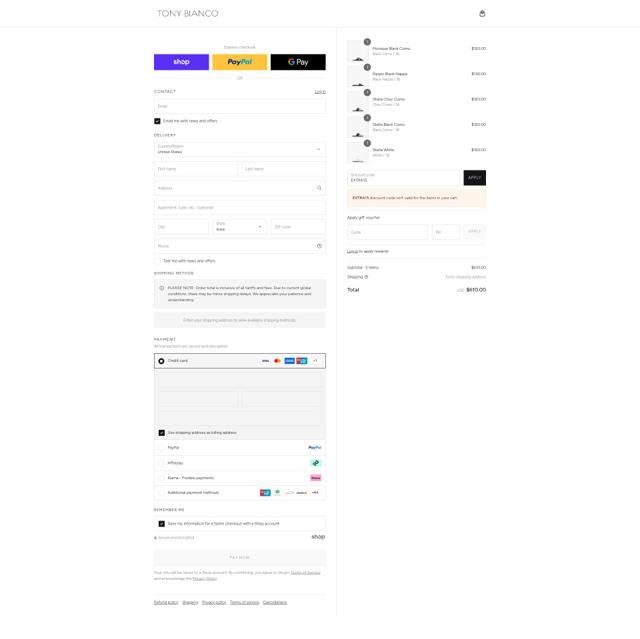 Tony Bianco checkout page showing Tony Bianco discount code box | Screenshot taken by SimplyCodes community member on Sep 6, 2025