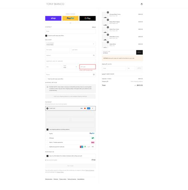 Tony Bianco checkout page showing Tony Bianco discount code box | Screenshot taken by SimplyCodes community member on Sep 14, 2025