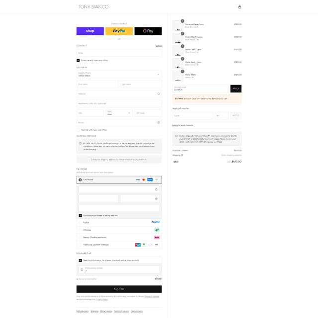 Tony Bianco checkout page showing Tony Bianco discount code box | Screenshot taken by SimplyCodes community member on Sep 10, 2025