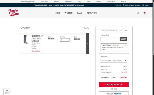 Tony Lama checkout page showing Tony Lama promo code box | Screenshot taken by SimplyCodes community member on Jun 14, 2025