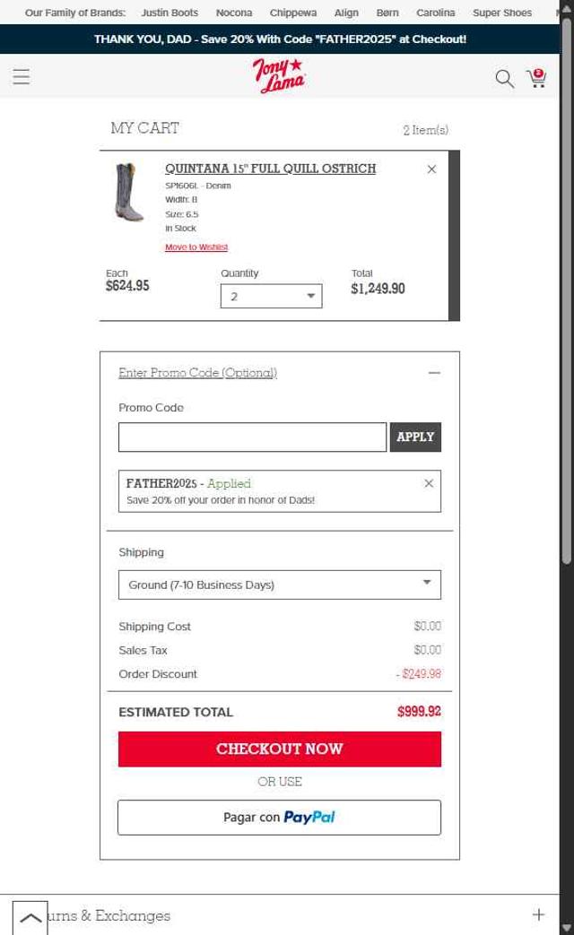 Tony Lama checkout page showing Tony Lama promo code box | Screenshot taken by SimplyCodes community member on Jun 14, 2025