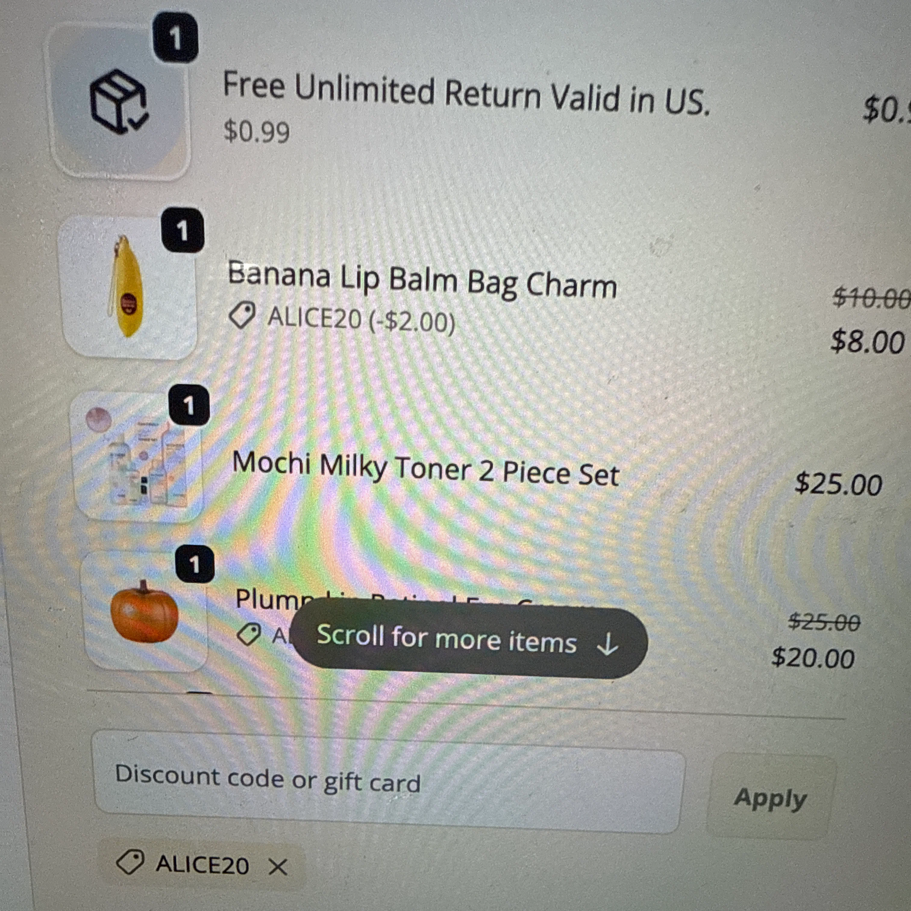 Tony Moly discount code screenshot showing code ALICE20 applied at Tony Moly checkout page. Uploaded by SimplyCodes community member PennyRanger7396 on Nov 8, 2025