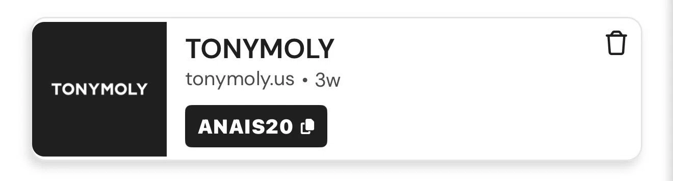 Tony Moly discount code screenshot showing code ANAIS20 applied at Tony Moly checkout page. Uploaded by SimplyCodes community member FortunatePro9173 on Feb 12, 2026