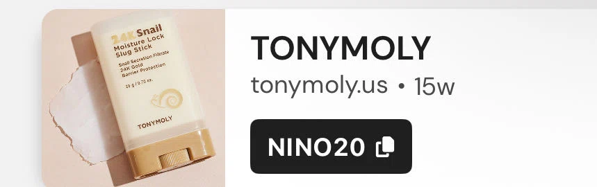 Tony Moly discount code screenshot showing code NINO20 applied at Tony Moly checkout page. Uploaded by SimplyCodes community member LegendaryWizard4074 on Aug 27, 2025