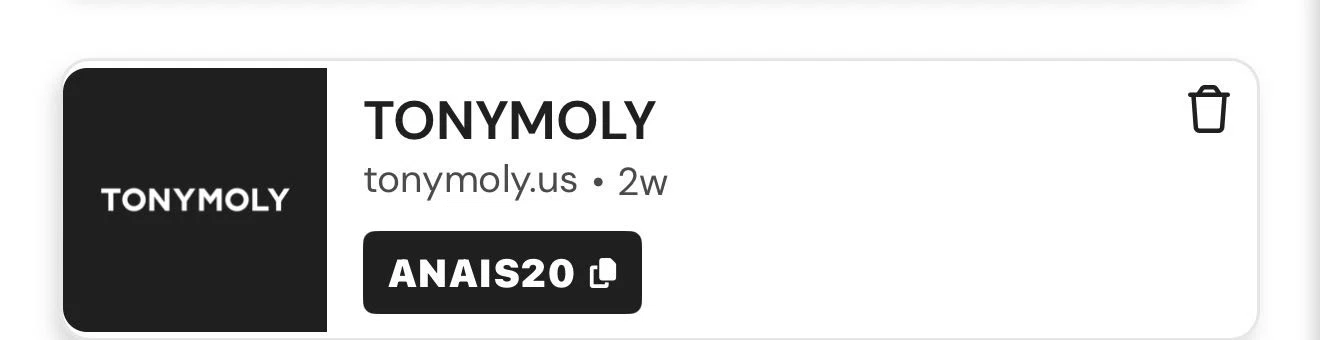 Tony Moly discount code screenshot showing code ANAIS20 applied at Tony Moly checkout page. Uploaded by SimplyCodes community member FortunatePro9173 on Feb 9, 2026