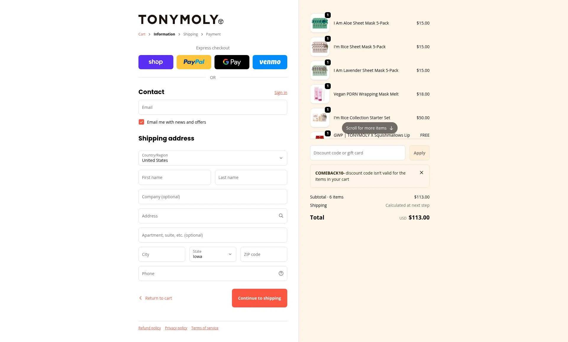 Tony Moly checkout page showing Tony Moly discount code box | Screenshot taken by SimplyCodes community member on Feb 14, 2026