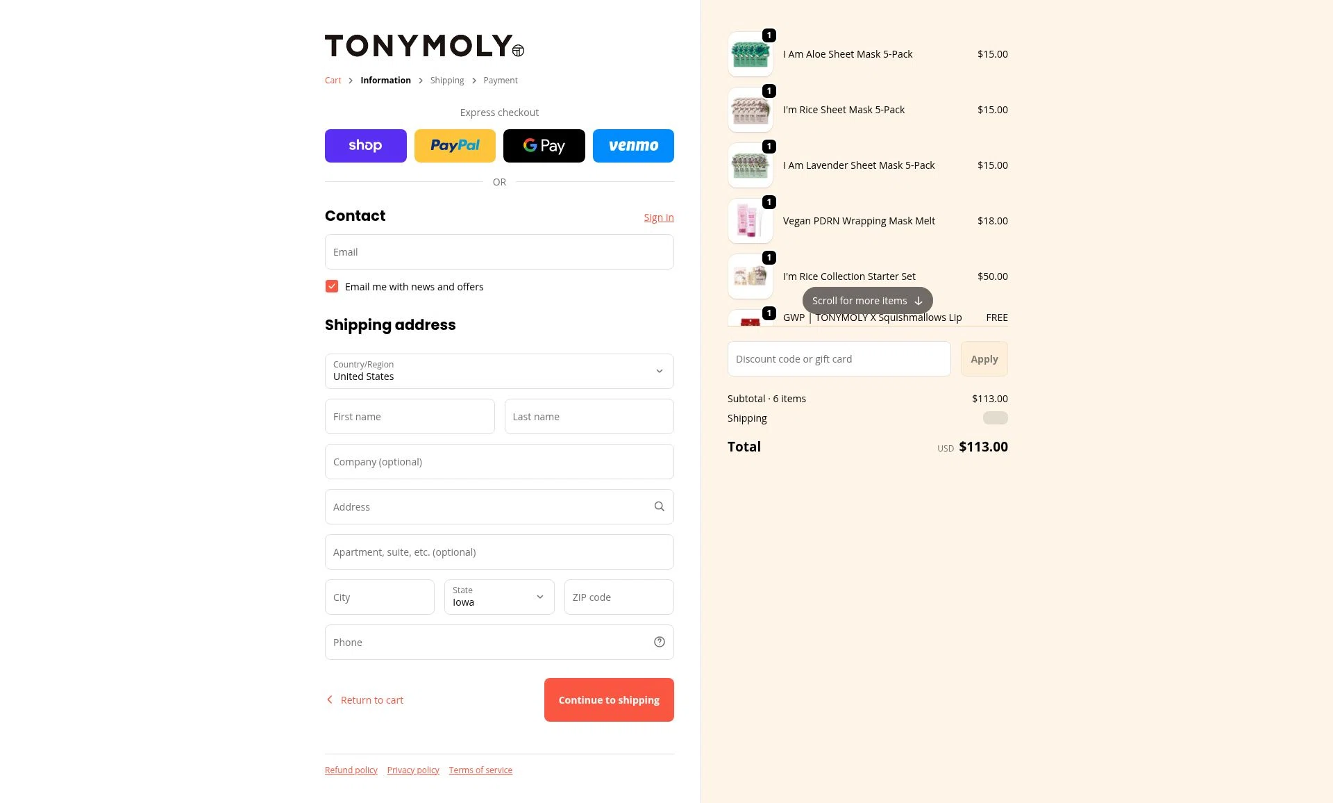 Tony Moly checkout page showing Tony Moly discount code box | Screenshot taken by SimplyCodes community member on Feb 14, 2026