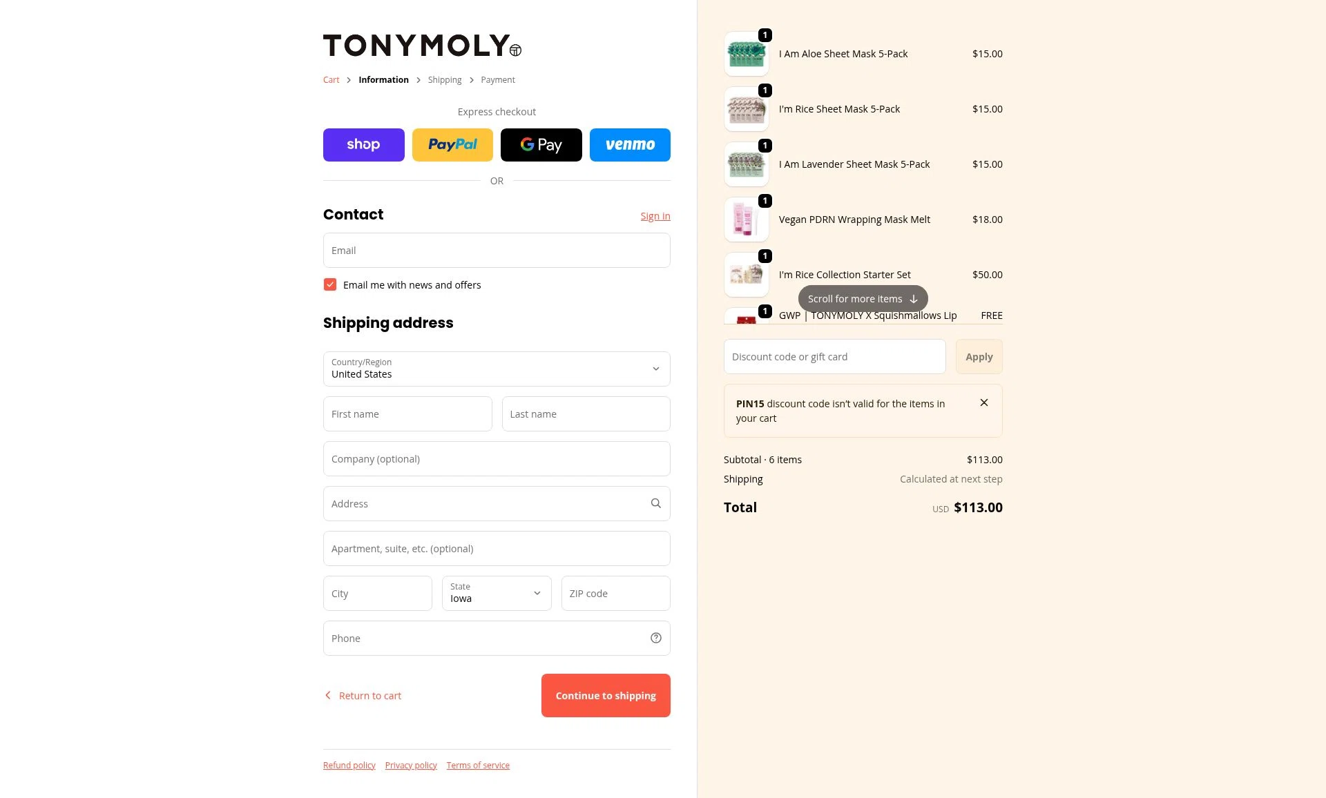 Tony Moly checkout page showing Tony Moly discount code box | Screenshot taken by SimplyCodes community member on Feb 14, 2026