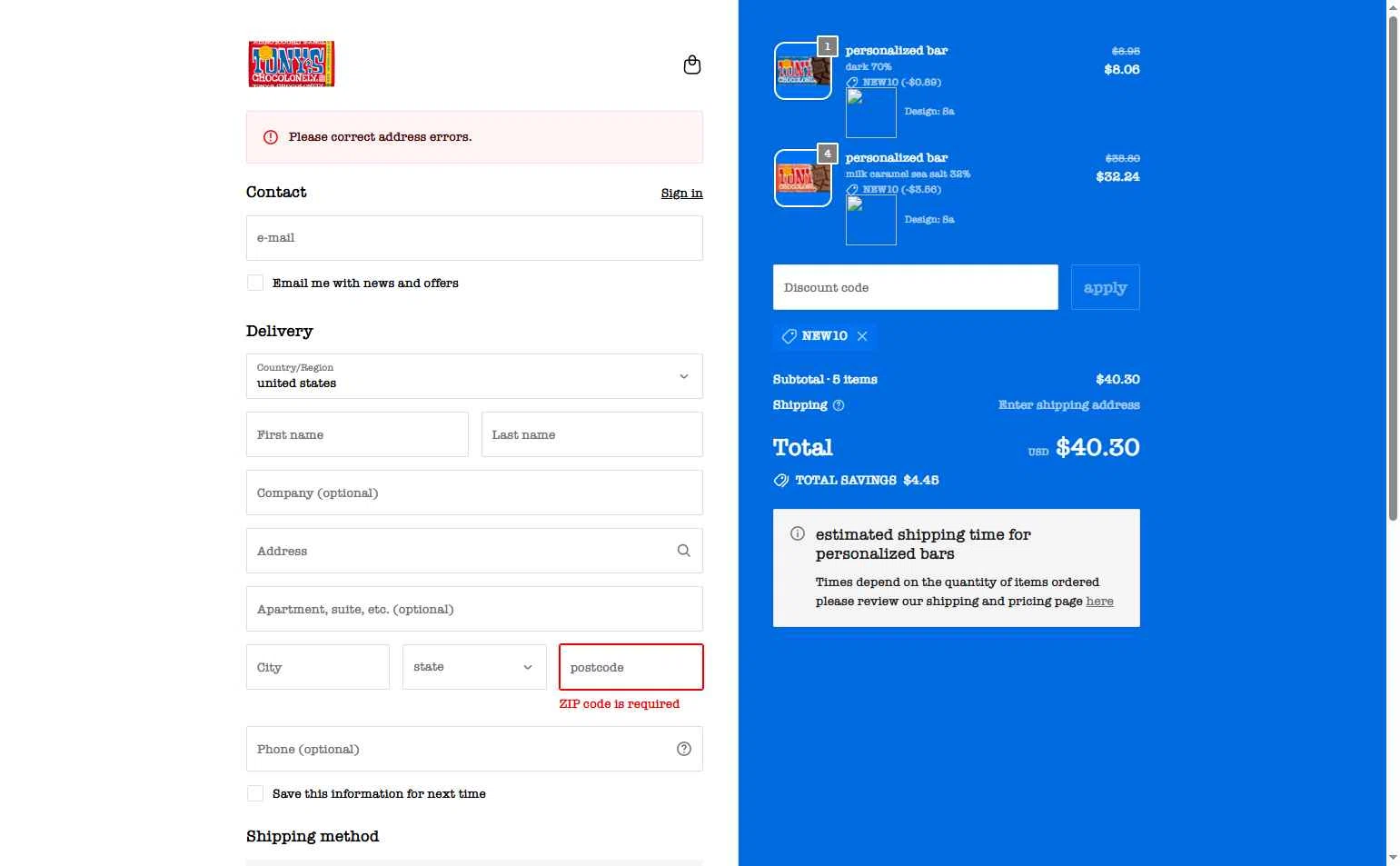 Tony's Chocolonely checkout page showing Tony's Chocolonely discount code box | Screenshot taken by SimplyCodes community member on Jan 15, 2026