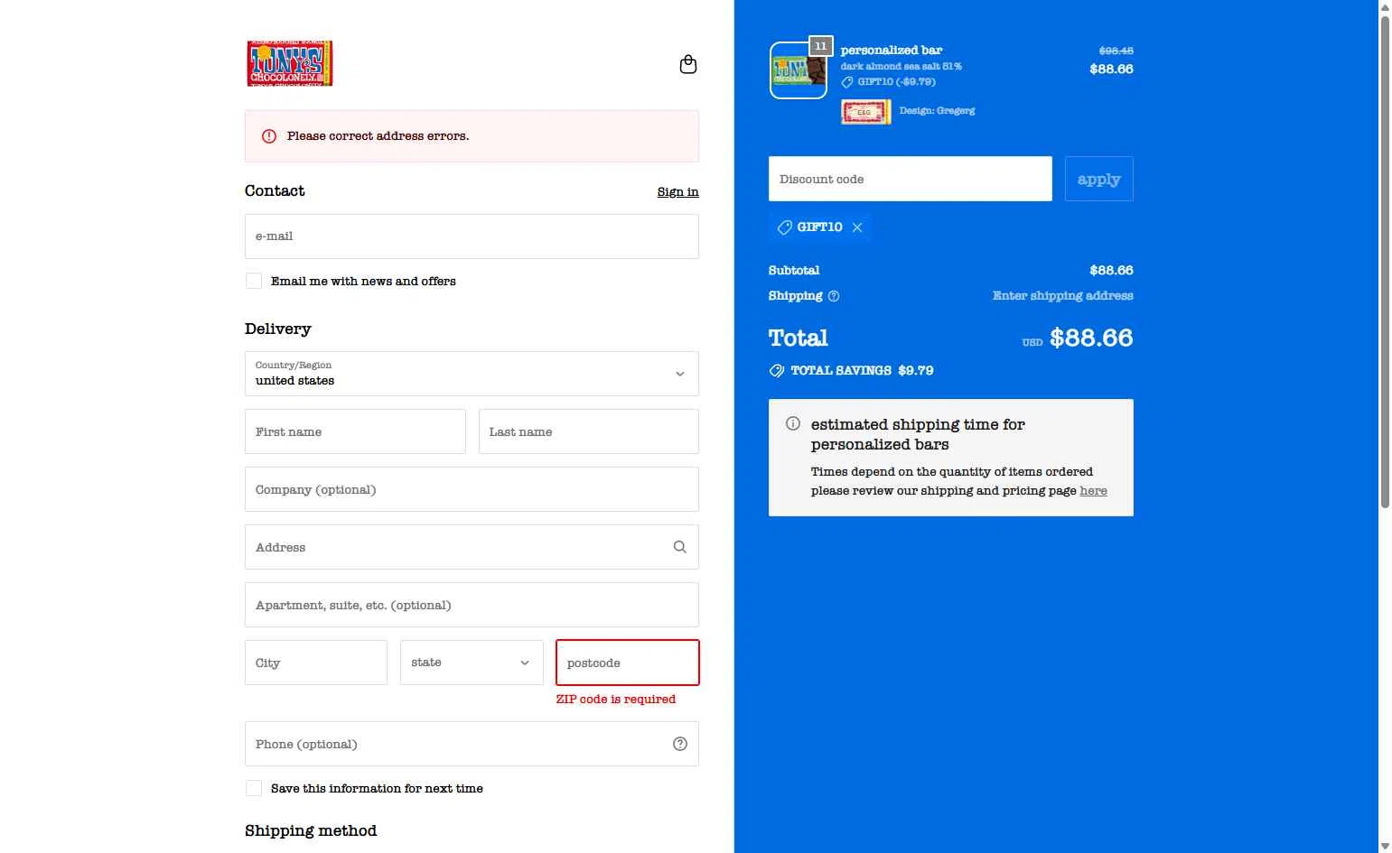 Tony's Chocolonely checkout page showing Tony's Chocolonely discount code box | Screenshot taken by SimplyCodes community member on Jan 8, 2026