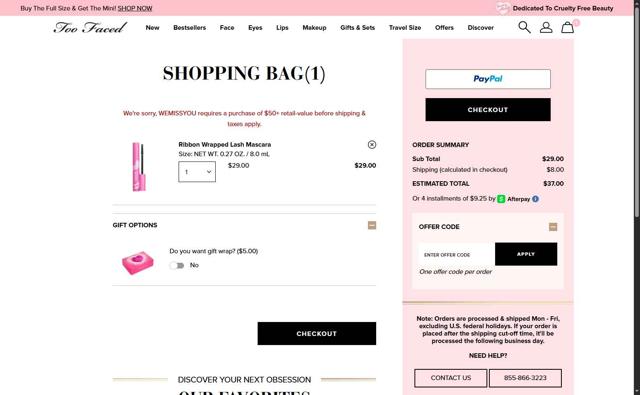 Too Faced Cosmetics checkout page showing Too Faced Cosmetics promo code box | Screenshot taken by SimplyCodes community member on Aug 9, 2025