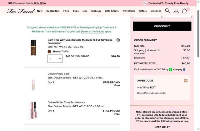 Too Faced Cosmetics checkout page showing Too Faced Cosmetics promo code box | Screenshot taken by SimplyCodes community member on Jul 26, 2025