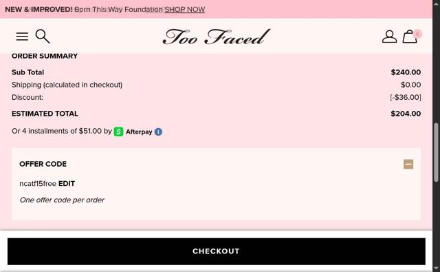 Too Faced Cosmetics checkout page showing Too Faced Cosmetics promo code box | Screenshot taken by SimplyCodes community member on Sep 6, 2025