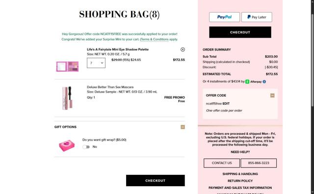 Too Faced Cosmetics checkout page showing Too Faced Cosmetics promo code box | Screenshot taken by SimplyCodes community member on Sep 15, 2025