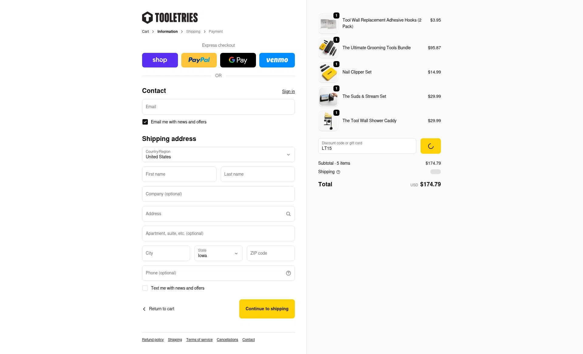 Tooletries checkout page showing Tooletries discount code box | Screenshot taken by SimplyCodes community member on Feb 18, 2026