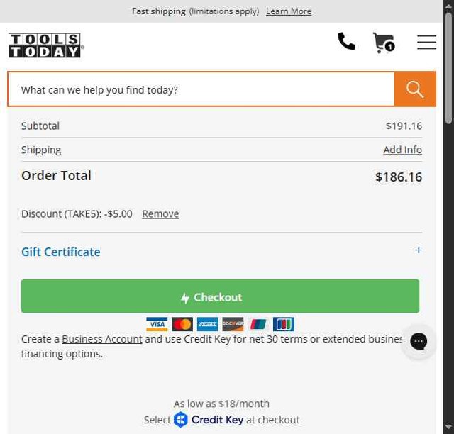 ToolsToday checkout page showing ToolsToday coupon code box | Screenshot taken by SimplyCodes community member on Aug 21, 2025