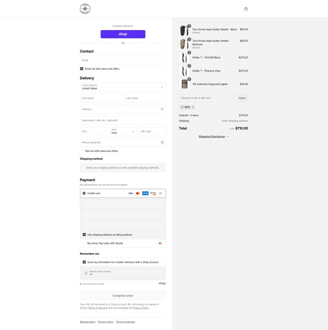 Toor Knives checkout page showing Toor Knives discount code box | Screenshot taken by SimplyCodes community member on Sep 7, 2025