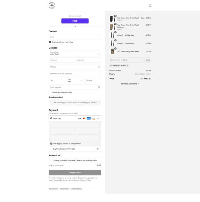 Toor Knives checkout page showing Toor Knives discount code box | Screenshot taken by SimplyCodes community member on Sep 7, 2025