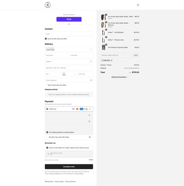 Toor Knives checkout page showing Toor Knives discount code box | Screenshot taken by SimplyCodes community member on Sep 7, 2025
