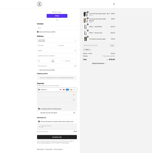 Toor Knives checkout page showing Toor Knives discount code box | Screenshot taken by SimplyCodes community member on Sep 7, 2025