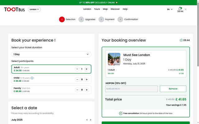 Tootbus checkout page showing Tootbus promo code box | Screenshot taken by SimplyCodes community member on Jul 20, 2025