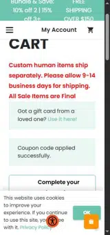 BIRTHDAY15 coupon verification screenshot