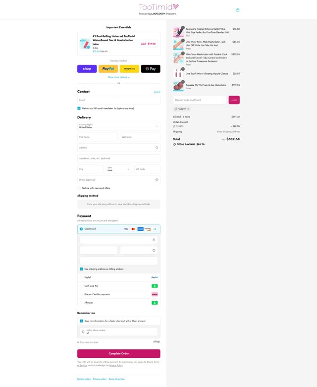Too Timid checkout page showing Too Timid discount code box | Screenshot taken by SimplyCodes community member on Sep 2, 2025