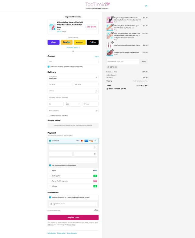 Too Timid checkout page showing Too Timid discount code box | Screenshot taken by SimplyCodes community member on Sep 2, 2025