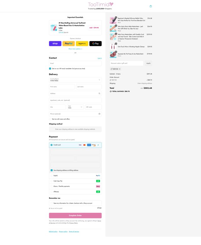 Too Timid checkout page showing Too Timid discount code box | Screenshot taken by SimplyCodes community member on Sep 2, 2025