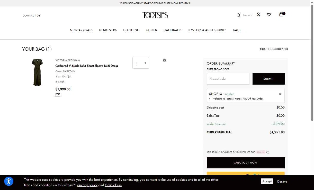Tootsies checkout page showing Tootsies discount code box | Screenshot taken by SimplyCodes community member on Sep 18, 2025