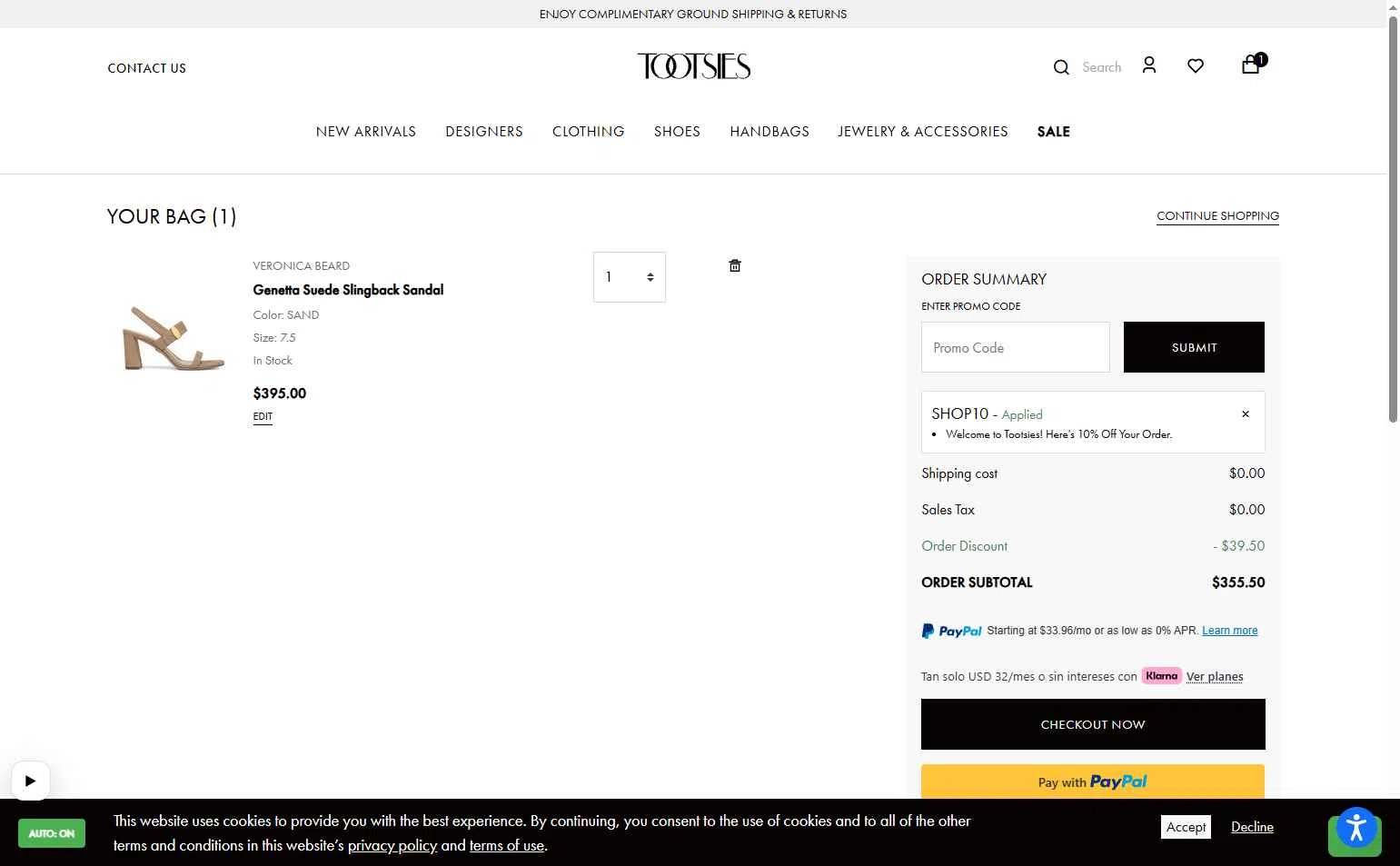 Tootsies checkout page showing Tootsies discount code box | Screenshot taken by SimplyCodes community member on Feb 11, 2026