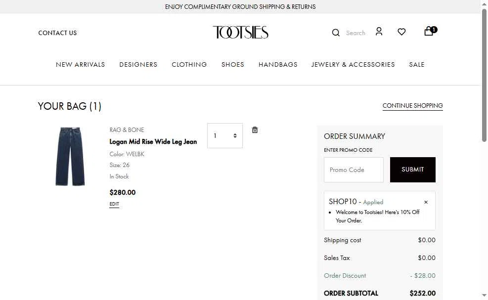 Tootsies checkout page showing Tootsies discount code box | Screenshot taken by SimplyCodes community member on Oct 19, 2025