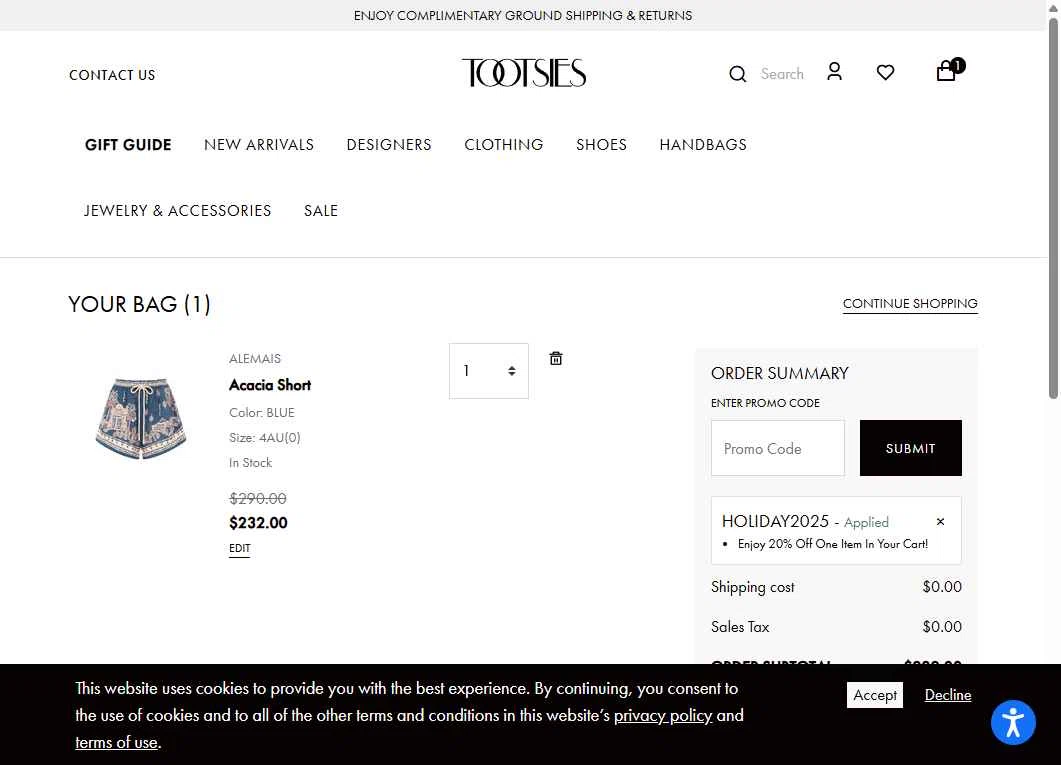 Tootsies checkout page showing Tootsies discount code box | Screenshot taken by SimplyCodes community member on Nov 13, 2025