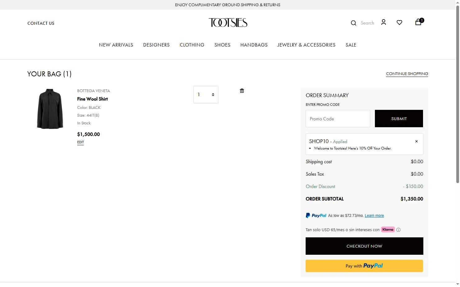 Tootsies checkout page showing Tootsies discount code box | Screenshot taken by SimplyCodes community member on Oct 19, 2025