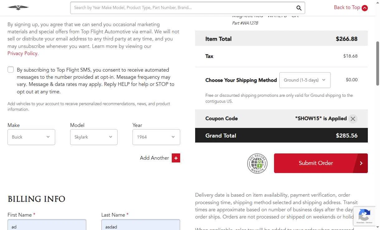Top Flight Automotive checkout page showing Top Flight Automotive coupon code box | Screenshot taken by SimplyCodes community member on Jan 9, 2026