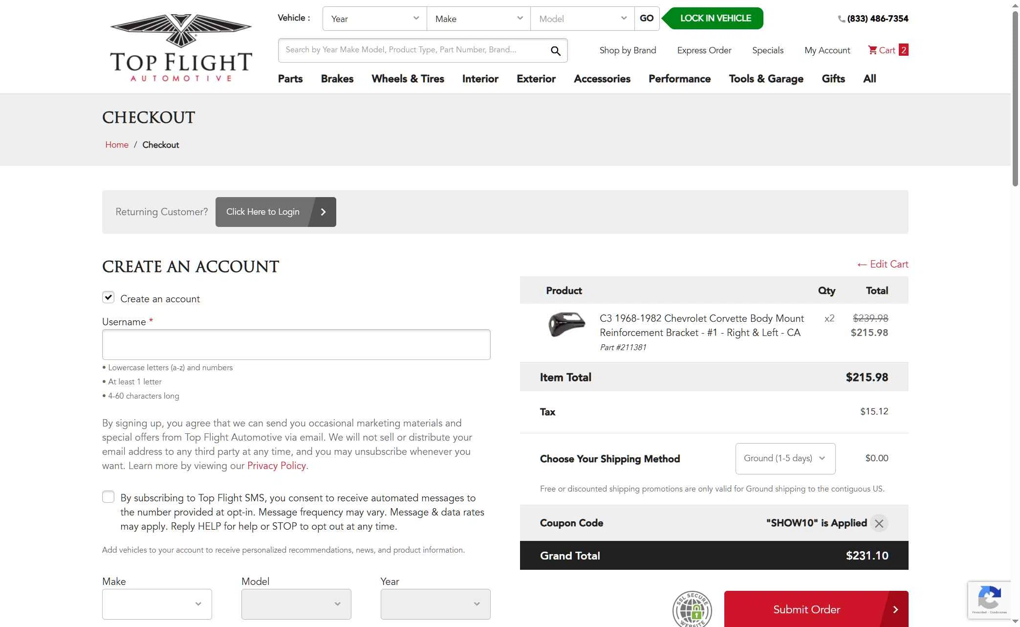 Top Flight Automotive checkout page showing Top Flight Automotive coupon code box | Screenshot taken by SimplyCodes community member on Jan 9, 2026