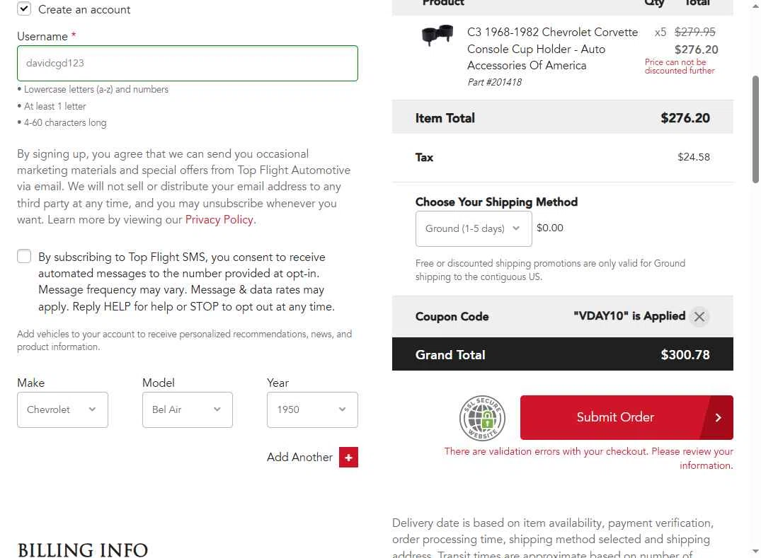 Top Flight Automotive checkout page showing Top Flight Automotive coupon code box | Screenshot taken by SimplyCodes community member on Jan 30, 2026