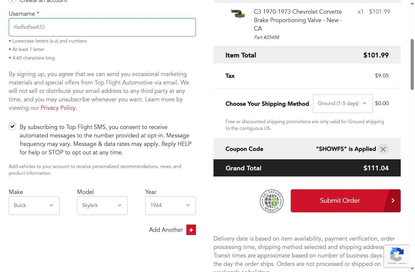 Top Flight Automotive checkout page showing Top Flight Automotive coupon code box | Screenshot taken by SimplyCodes community member on Jan 9, 2026