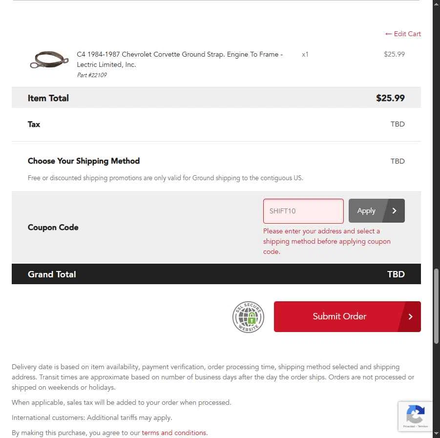 Top Flight Automotive checkout page showing Top Flight Automotive coupon code box | Screenshot taken by SimplyCodes community member on Jan 24, 2026