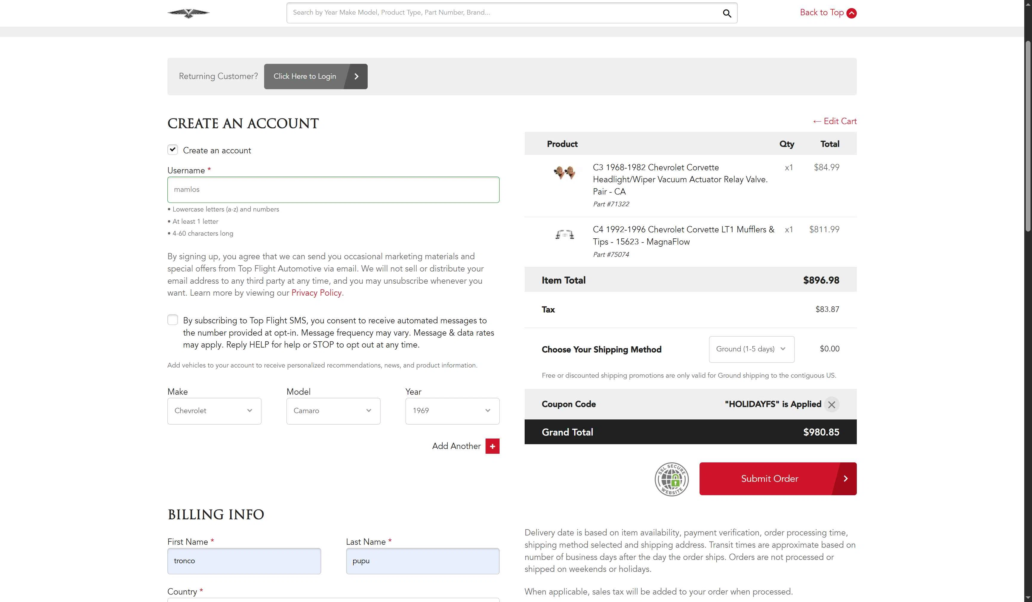 Top Flight Automotive checkout page showing Top Flight Automotive coupon code box | Screenshot taken by SimplyCodes community member on Dec 15, 2025